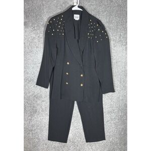 Vtg R&M Richards Karen Kwong Blazer‎ & Pants Suit Women Sz 8 Black Gold Studded